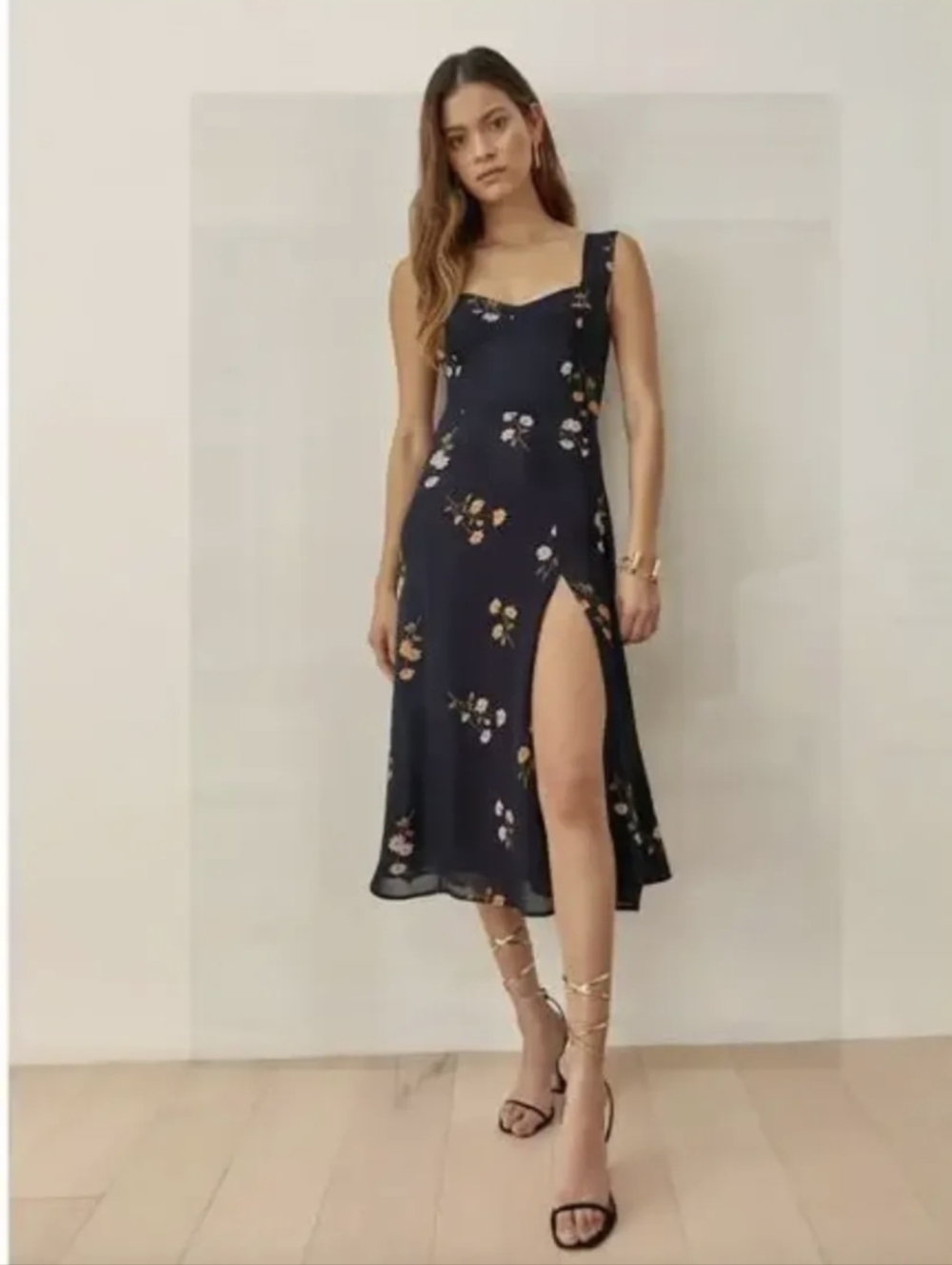 Reformation Navy Floral Midi Dress with Yellow & Pink Flowers Size 2